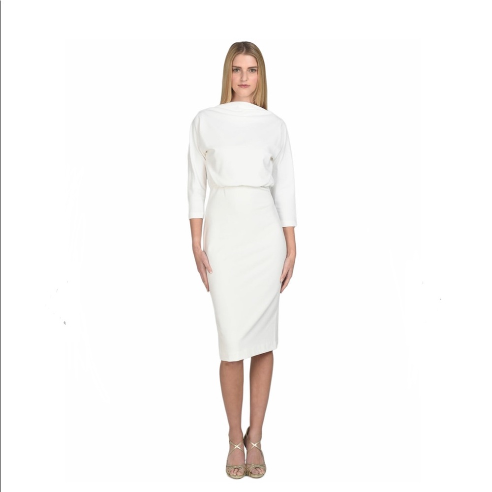 Badgley Mischka Boatneck 3/4 sleeve white dress